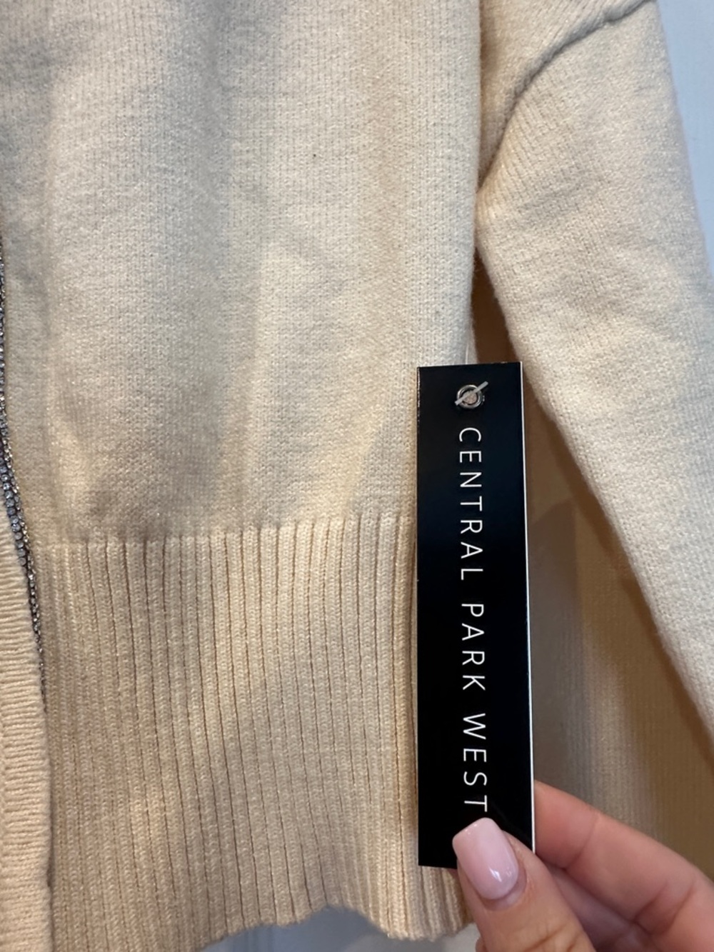 Central Park West Cream Cropped Zip Cardigan with Rhinestone Trim - Picture 3 of 5